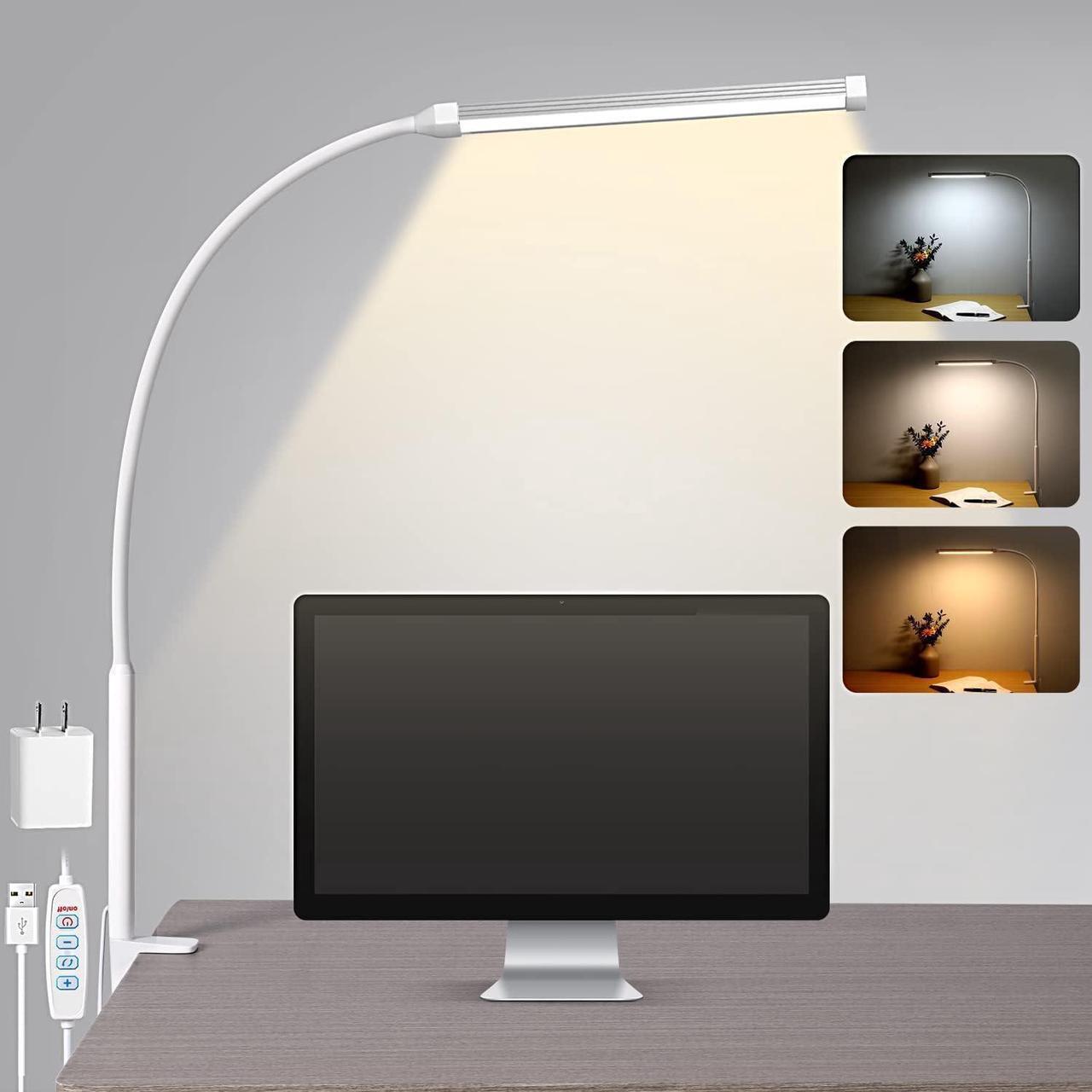 Main image of LED Desk lamp with Clamp, Eye-Caring Clip on Lights for Home Office, 3 Modes 10 Brightness, Long Flexible Gooseneck,Metal, Swing Arm Architect Task Table Lamps with USB Adapter, White
