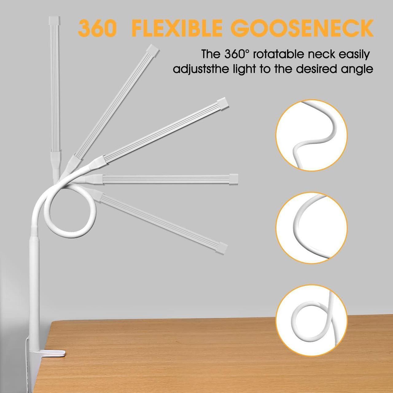 Alt view image 3 of 6 - LED Desk lamp with Clamp, Eye-Caring Clip on Lights for Home Office, 3 Modes 10 Brightness, Long Flexible Gooseneck,Metal, Swing Arm Architect Task Table Lamps with USB Adapter, White