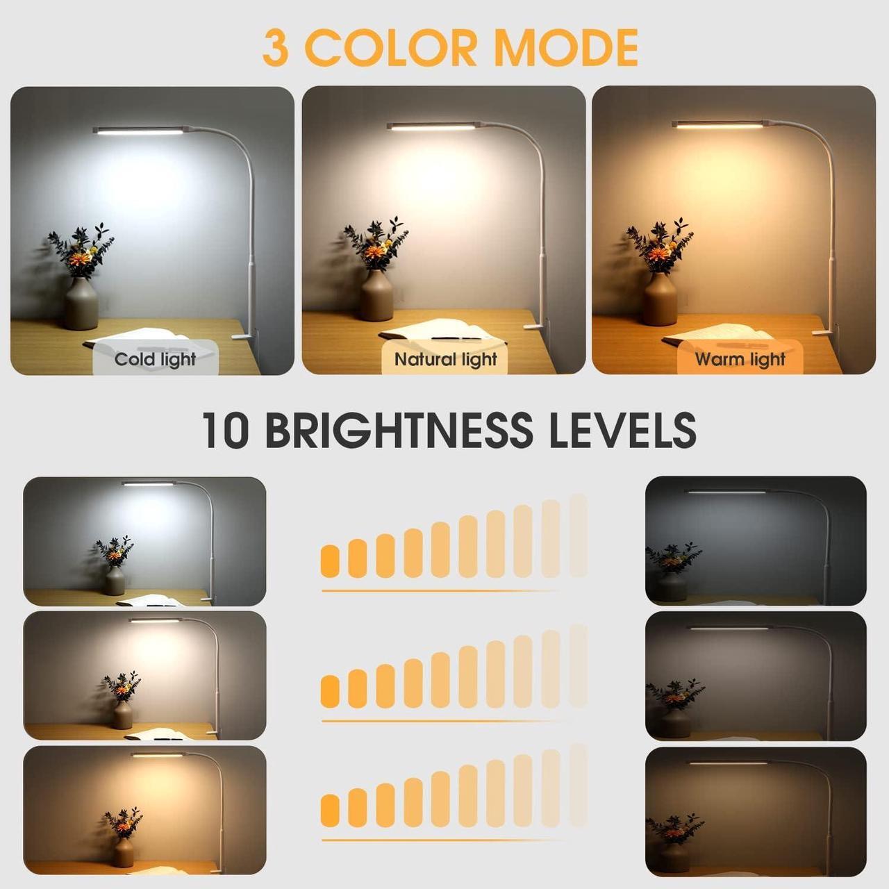 Alt view image 2 of 6 - LED Desk lamp with Clamp, Eye-Caring Clip on Lights for Home Office, 3 Modes 10 Brightness, Long Flexible Gooseneck,Metal, Swing Arm Architect Task Table Lamps with USB Adapter, White