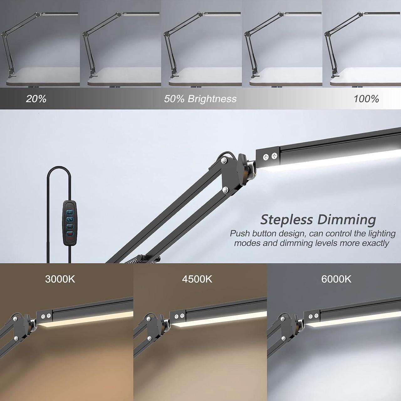 Alt view image 2 of 7 - LED Desk Lamp,Adjustable Swing Arm Desk Lamp with Clamp,Dimmable Desk Light Eye-Care Table Light, Memory Function, 3 Color Modes, 10-Level Brightness Table Lamp for Home, Office, Study, Reading