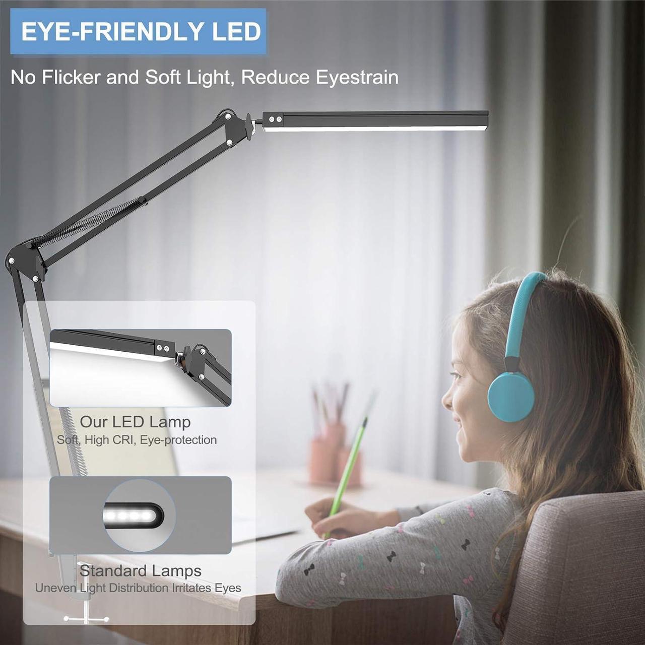 Alt view image 6 of 7 - LED Desk Lamp,Adjustable Swing Arm Desk Lamp with Clamp,Dimmable Desk Light Eye-Care Table Light, Memory Function, 3 Color Modes, 10-Level Brightness Table Lamp for Home, Office, Study, Reading