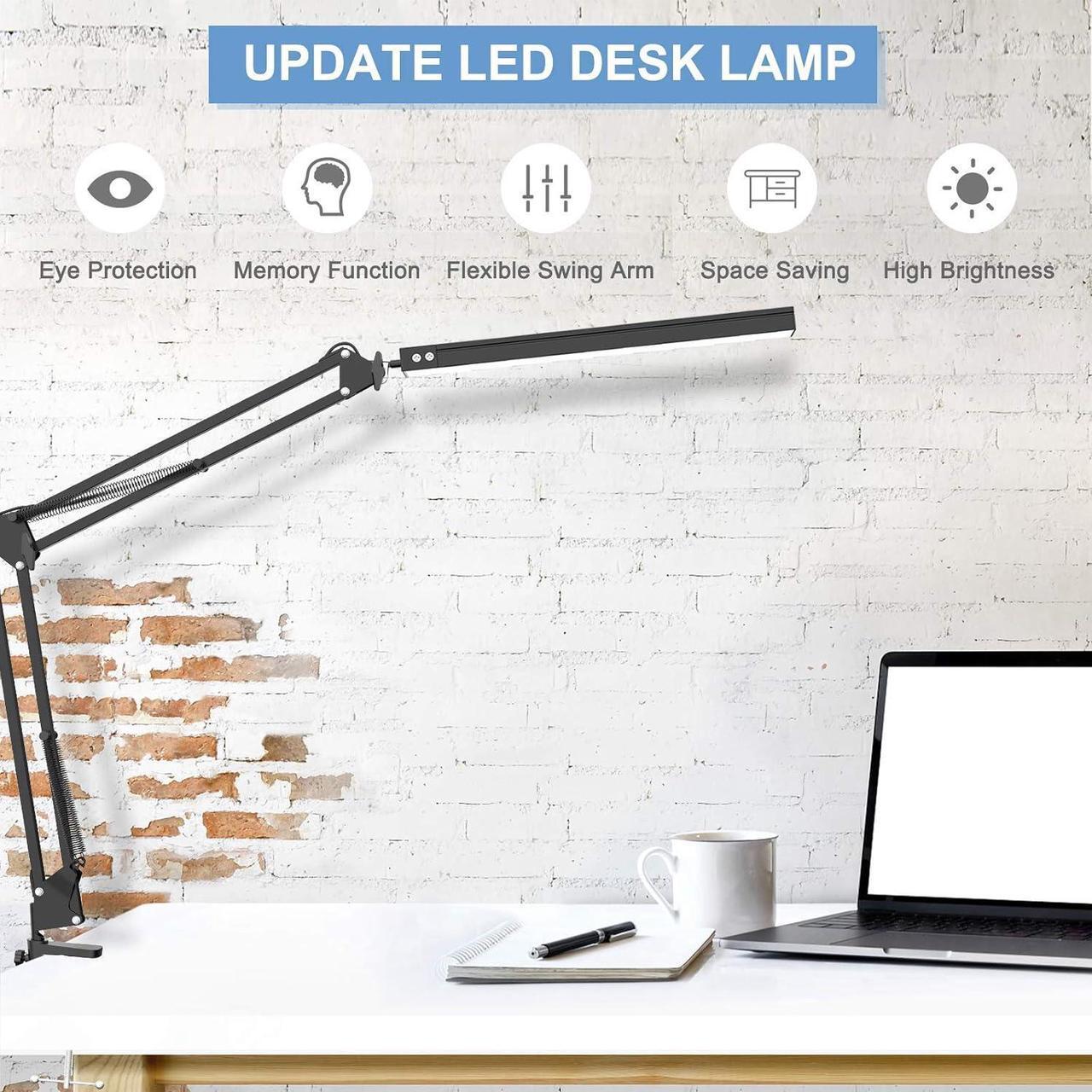 Alt view image 4 of 7 - LED Desk Lamp,Adjustable Swing Arm Desk Lamp with Clamp,Dimmable Desk Light Eye-Care Table Light, Memory Function, 3 Color Modes, 10-Level Brightness Table Lamp for Home, Office, Study, Reading