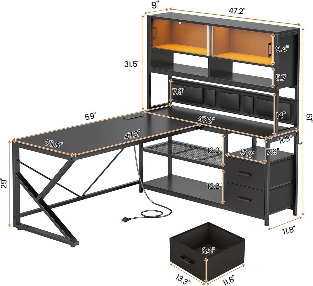 Alt view image 2 of 7 - 59" L Shaped Computer Desk, Home Office Desk with 2 Drawer and Bookshelf, L Shaped Gaming Desk with LED Light, Glass Cabinet and Storage Bag, Corner Desk with Storage Shelves, Black