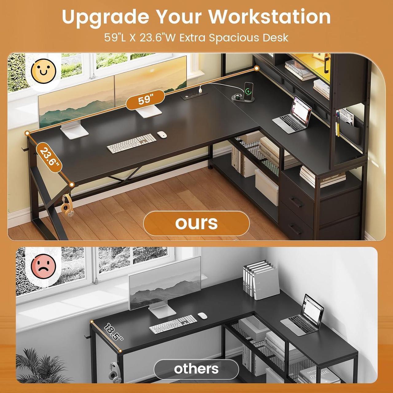 Alt view image 3 of 7 - 59" L Shaped Computer Desk, Home Office Desk with 2 Drawer and Bookshelf, L Shaped Gaming Desk with LED Light, Glass Cabinet and Storage Bag, Corner Desk with Storage Shelves, Black