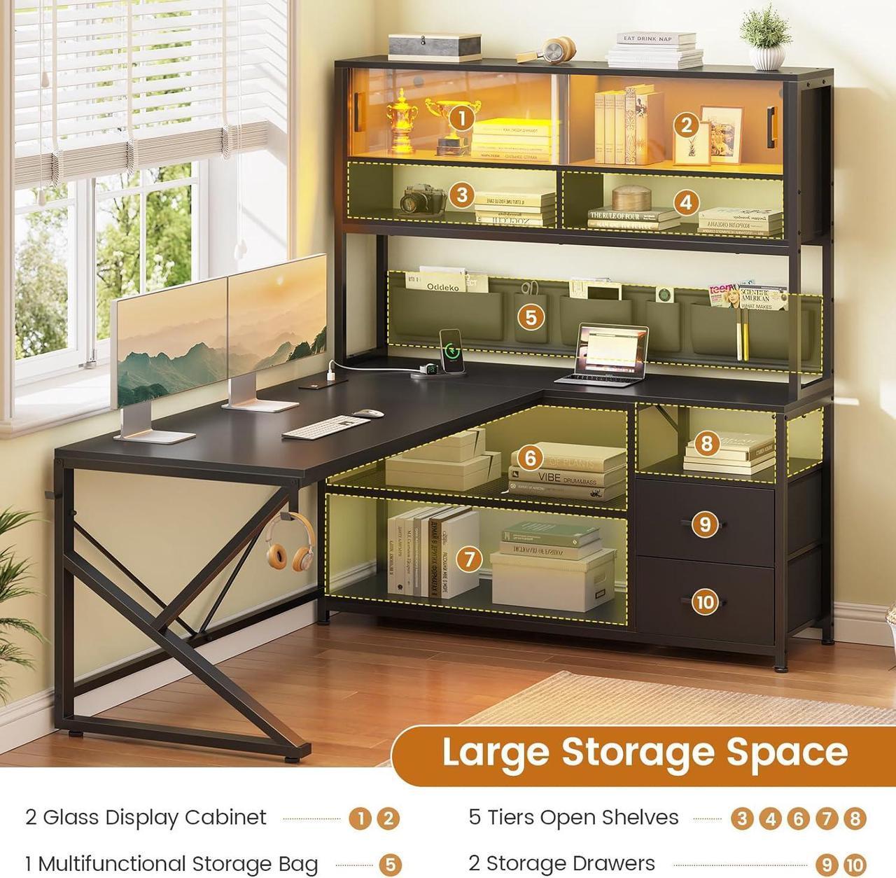 Alt view image 5 of 7 - 59" L Shaped Computer Desk, Home Office Desk with 2 Drawer and Bookshelf, L Shaped Gaming Desk with LED Light, Glass Cabinet and Storage Bag, Corner Desk with Storage Shelves, Black