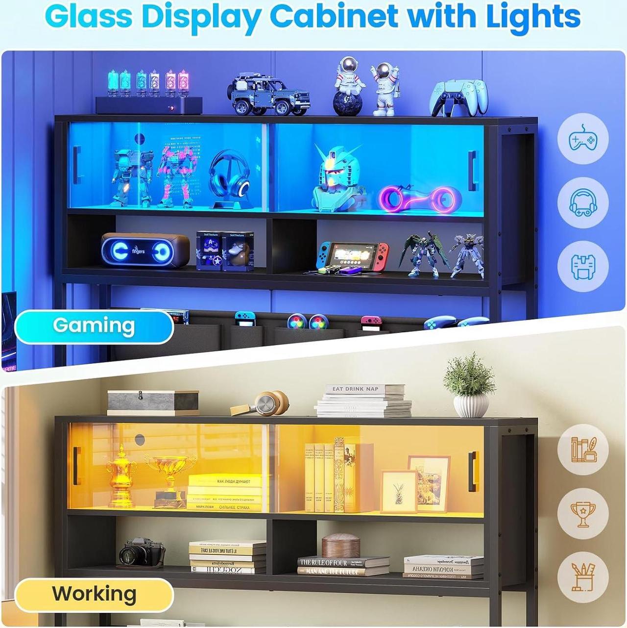 Alt view image 4 of 7 - 59" L Shaped Computer Desk, Home Office Desk with 2 Drawer and Bookshelf, L Shaped Gaming Desk with LED Light, Glass Cabinet and Storage Bag, Corner Desk with Storage Shelves, Black