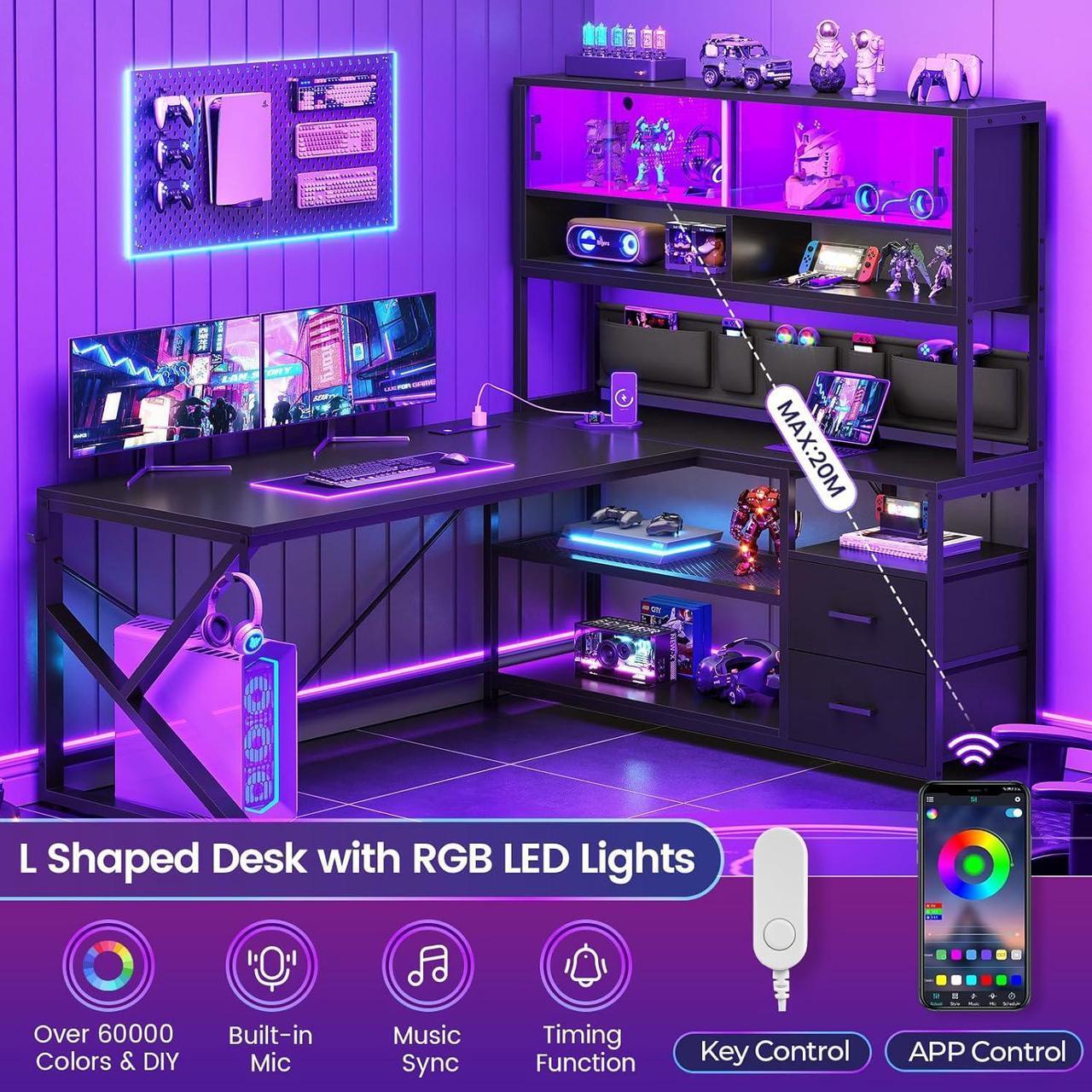 Alt view image 7 of 7 - 59" L Shaped Computer Desk, Home Office Desk with 2 Drawer and Bookshelf, L Shaped Gaming Desk with LED Light, Glass Cabinet and Storage Bag, Corner Desk with Storage Shelves, Black