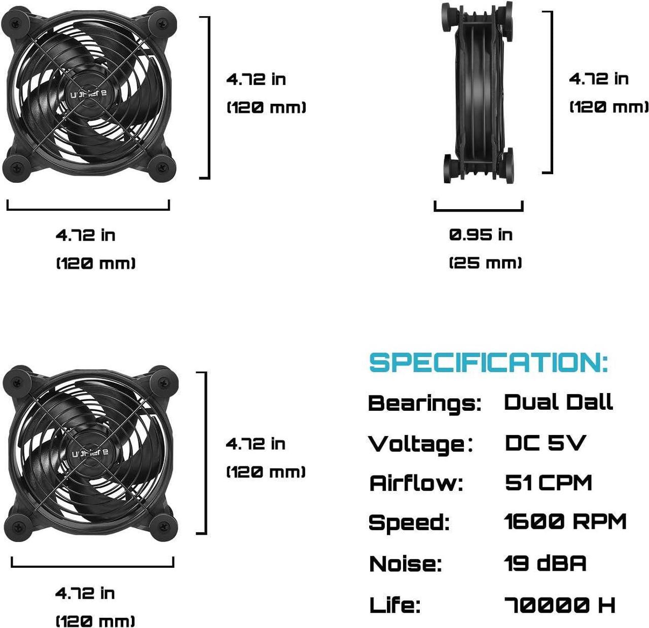 Alt view image 7 of 7 - USB Computer Fan Black,Dual 120mm Fan,Silent Fan for Computer Cases Computer Cabinet PlayStation Xbox Cooling