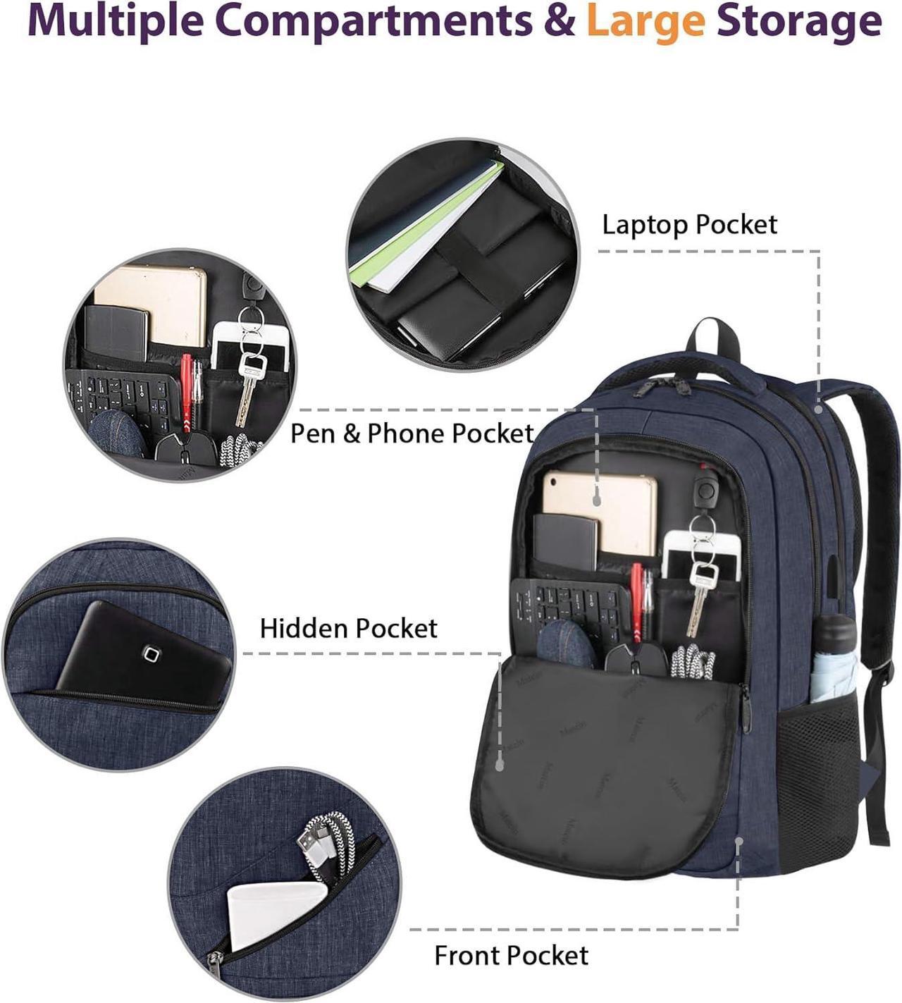 Alt view image 6 of 7 - 17 inch Laptop Backpack, Large Travel Backpack Carry On Flight Approved with Trolley Sleeve, Computer Work Bag with USB Charging Port, Water Resistant Backpack for College, Dark Blue