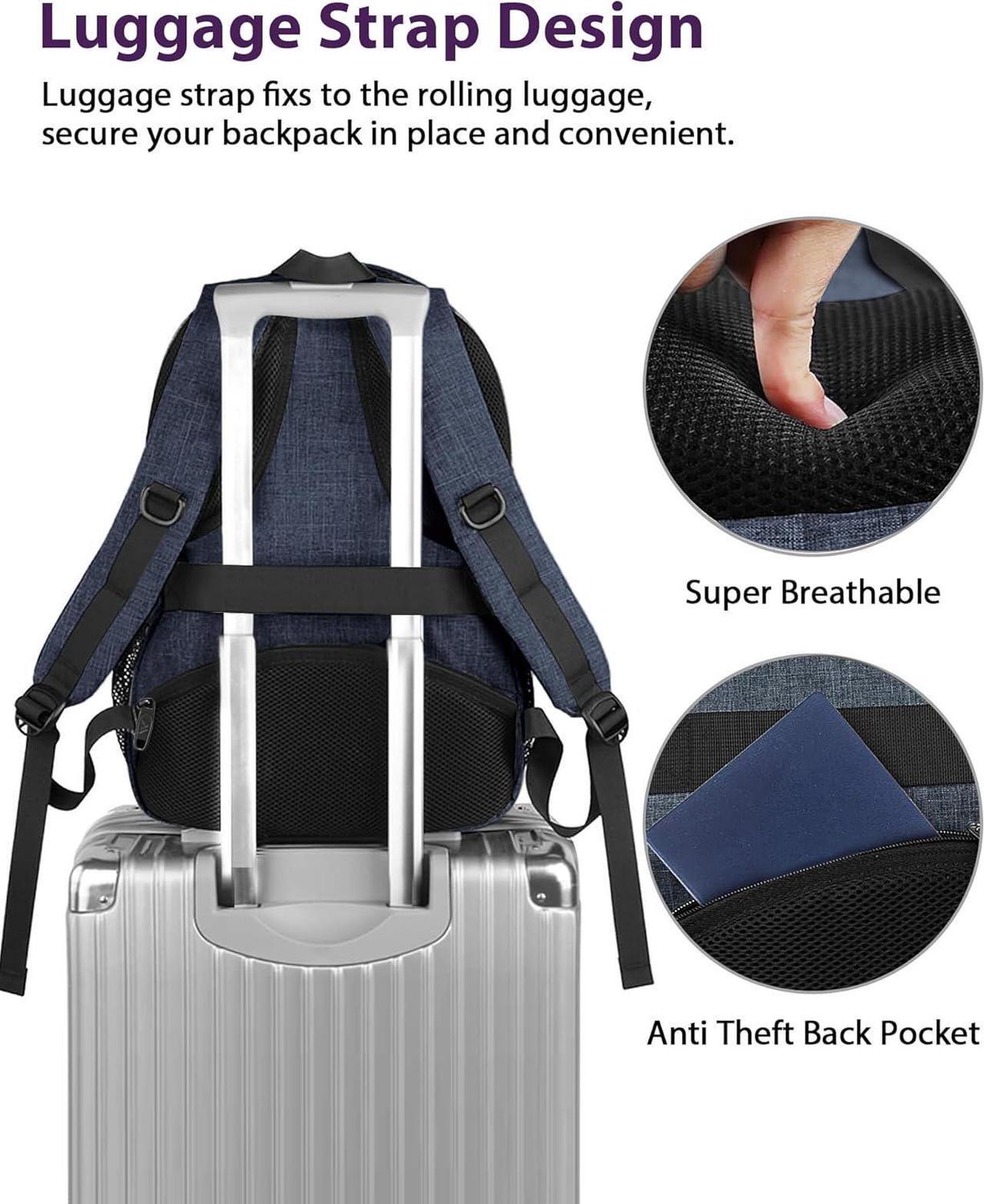 Alt view image 3 of 7 - 17 inch Laptop Backpack, Large Travel Backpack Carry On Flight Approved with Trolley Sleeve, Computer Work Bag with USB Charging Port, Water Resistant Backpack for College, Dark Blue