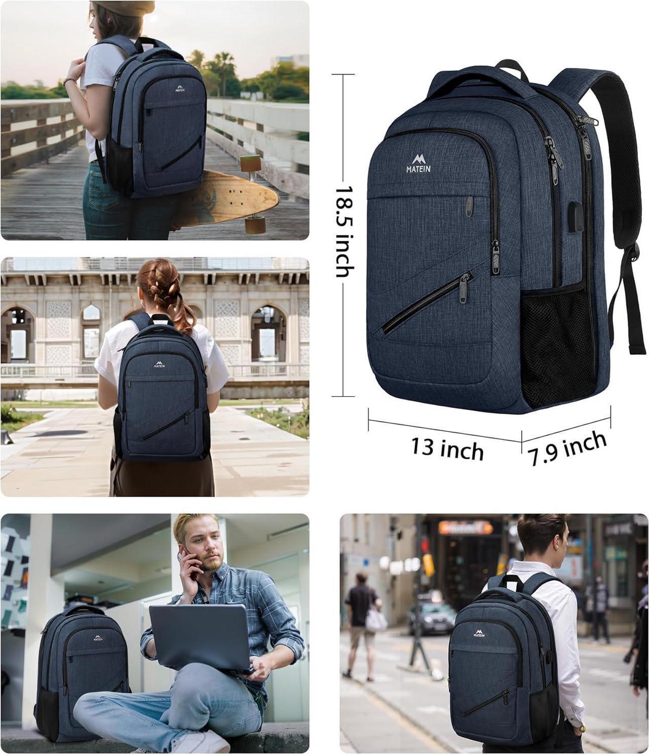 Alt view image 5 of 7 - 17 inch Laptop Backpack, Large Travel Backpack Carry On Flight Approved with Trolley Sleeve, Computer Work Bag with USB Charging Port, Water Resistant Backpack for College, Dark Blue