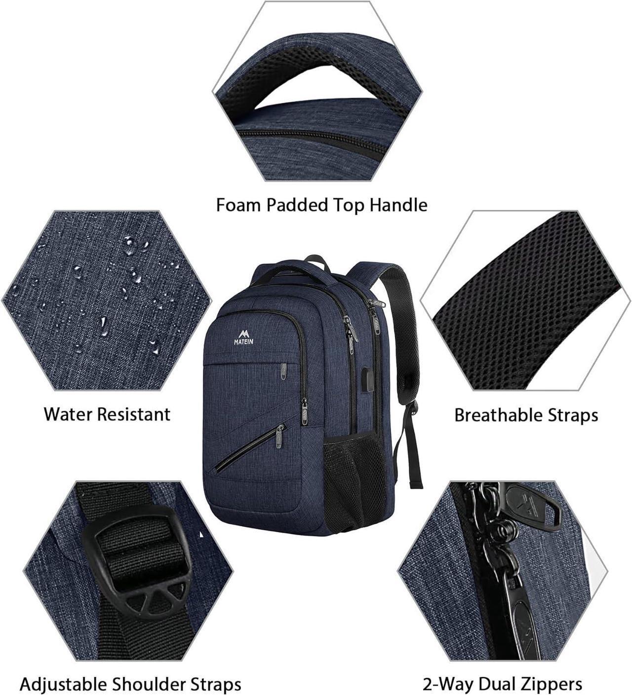 Alt view image 7 of 7 - 17 inch Laptop Backpack, Large Travel Backpack Carry On Flight Approved with Trolley Sleeve, Computer Work Bag with USB Charging Port, Water Resistant Backpack for College, Dark Blue