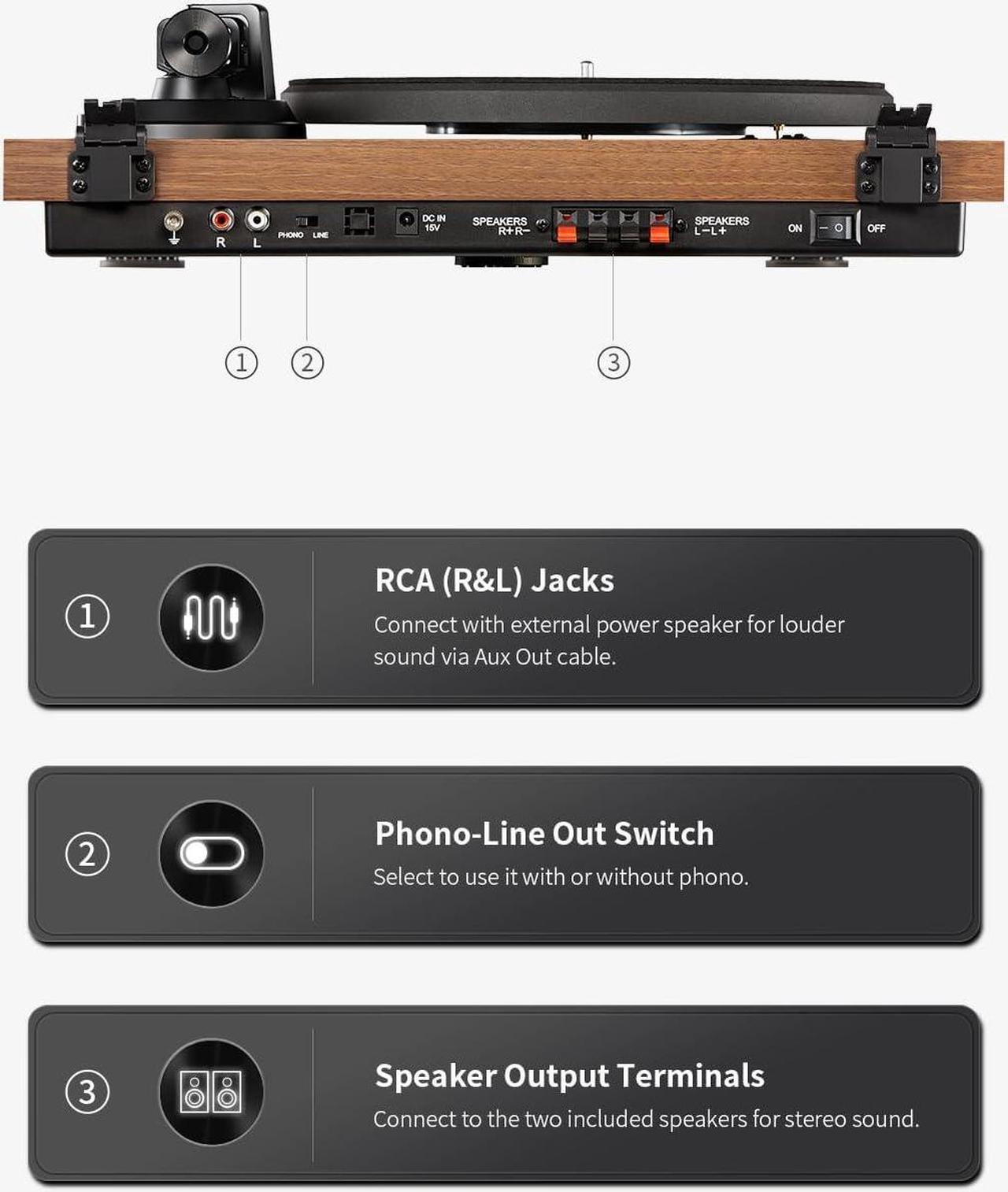 Alt view image 6 of 6 - Vinyl Record Player, Hi-Fi System Bluetooth Turntable Players with Stereo Bookshelf Speakers, Built-in Phono Preamp, Belt Drive 2-Speed, Adjustable Counterweight, AT-3600L
