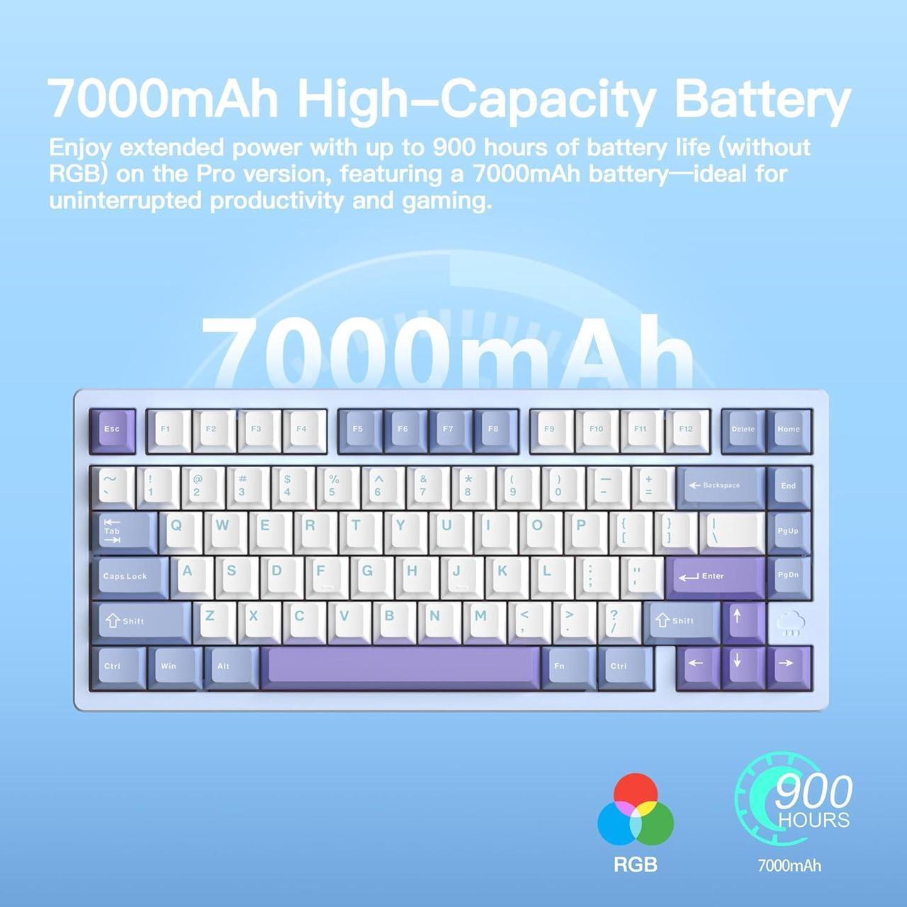 Alt view image 3 of 6 - WOB Rainy75 CNC Aluminum HMX/JWK/Cocoa Switches Triple-Mode Connectivity Mechanical Keyboard with Superior Acoustics, RGB/FR4/Silver SUS304/7000mAh/Cocoa Switch - Blue