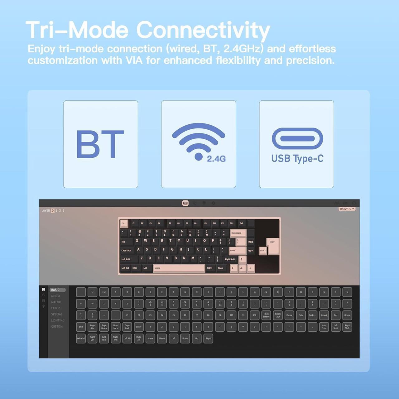 Alt view image 5 of 6 - WOB Rainy75 CNC Aluminum HMX/JWK/Cocoa Switches Triple-Mode Connectivity Mechanical Keyboard with Superior Acoustics, RGB/FR4/Silver SUS304/7000mAh/Cocoa Switch - Blue