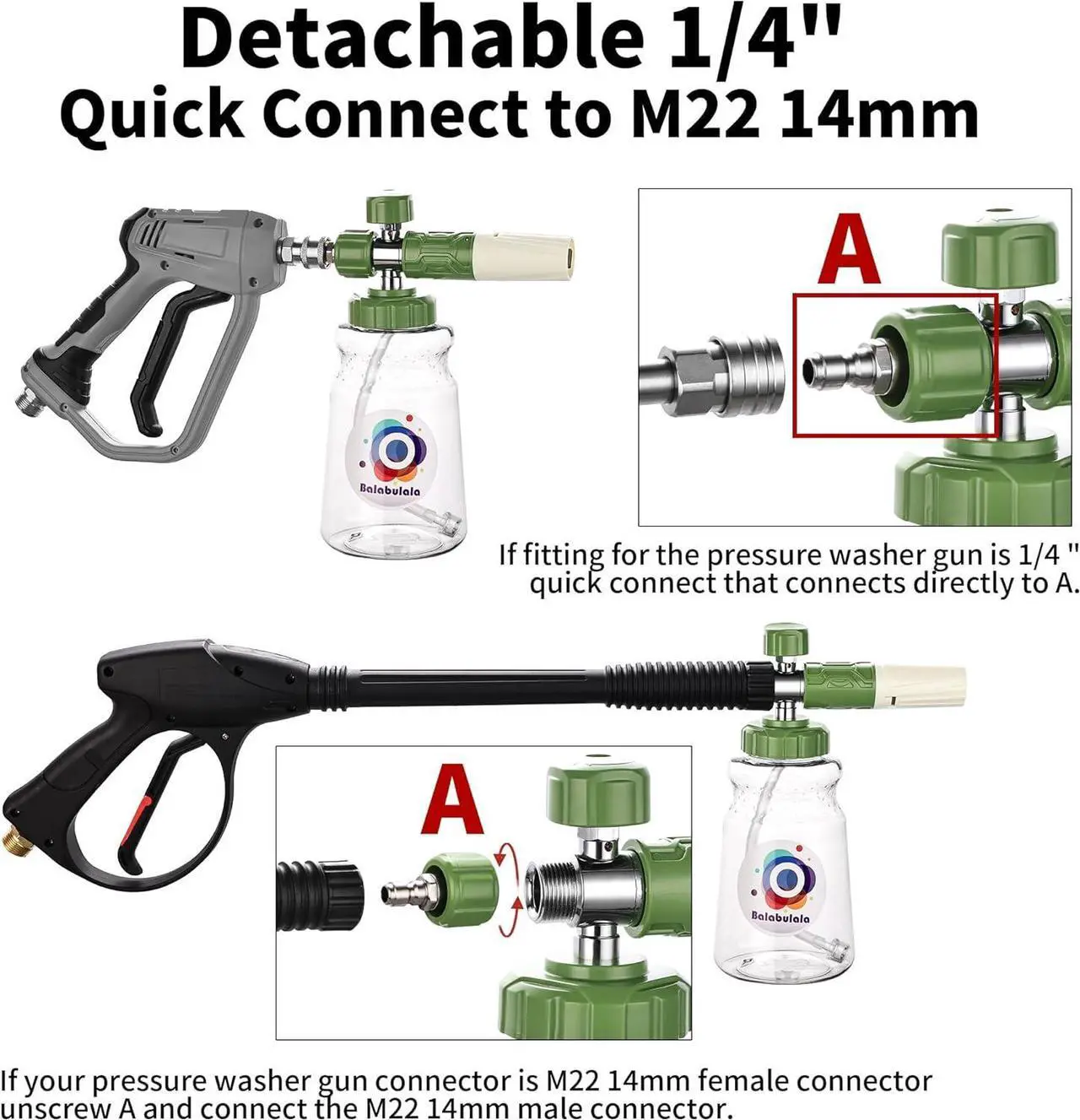 Alt view image 3 of 7 - Dual Connector Accessory with Pressure Washer Foam Cannon, Balabulala Pressure Washer Double Tip Attachment for Foam Blaster with with 5 Power Washer Sprayer Nozzles, 1/4" Quick Connect, 3600 PSI