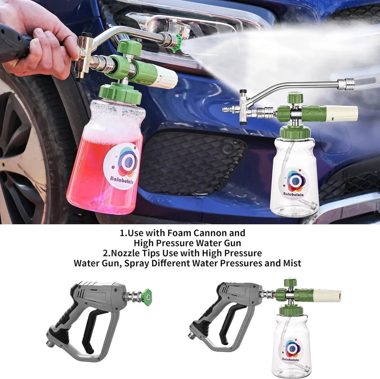 Alt view image 2 of 7 - Dual Connector Accessory with Pressure Washer Foam Cannon, Balabulala Pressure Washer Double Tip Attachment for Foam Blaster with with 5 Power Washer Sprayer Nozzles, 1/4" Quick Connect, 3600 PSI