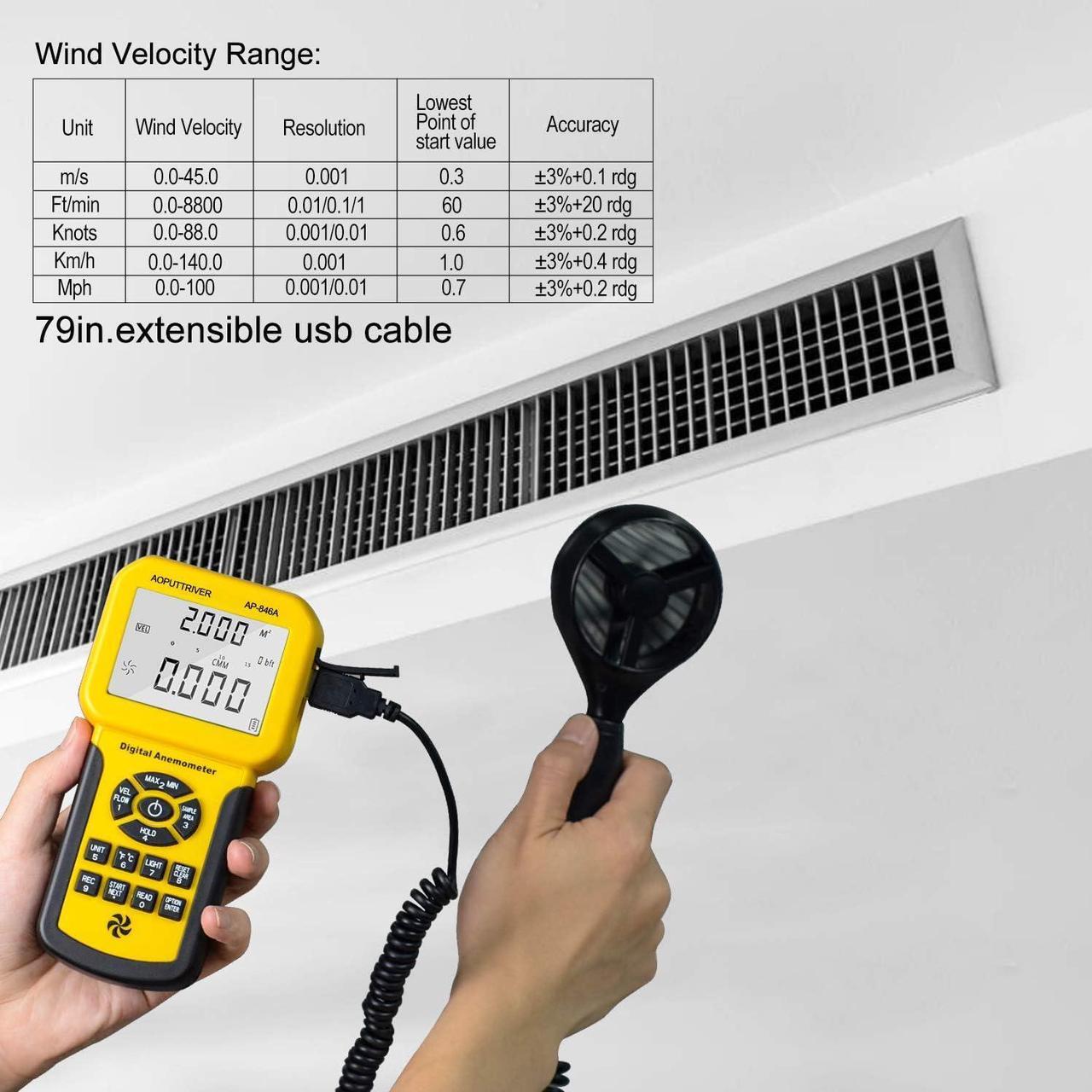 Alt view image 3 of 7 - HVAC Anemometer Handheld CFM Pro HVAC Anemometer AP-846A Wind Speed Meter with Backlight Max/Min/Avg Functions for Measuring Wind Speed Air Velocity HVAC Air Flow Meter