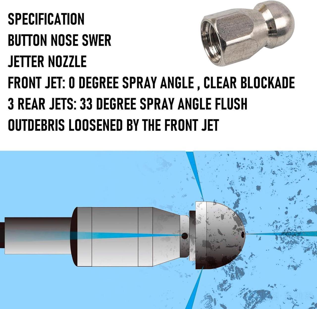 Alt view image 7 of 7 - Sewer Jetter Kit for Pressure Washer 200FT, Drain Cleaner Hose 1/4 Inch NPT, Orifice 4.0 Button Nose and Rotating Sewer Jetting Nozzle Spanner Tape Pearl Corsage Pin, 4000 PSI