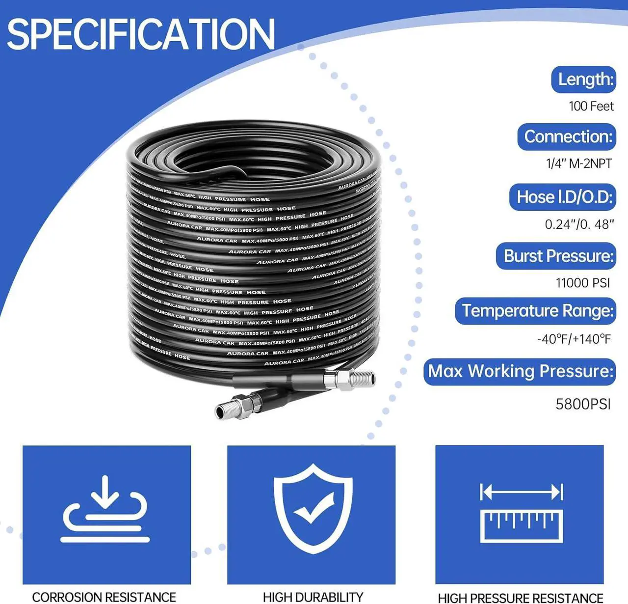 Alt view image 2 of 7 - Sewer Jetter Kit for Pressure Washer 100FT,Drain Cleaner Hose 1/4 Inch NPT Corner, Rotating and Button Nose Sewer Jetting Nozzle Kit Waterproof Tape Pearl Corsage Pin and Spanners,5800PSI