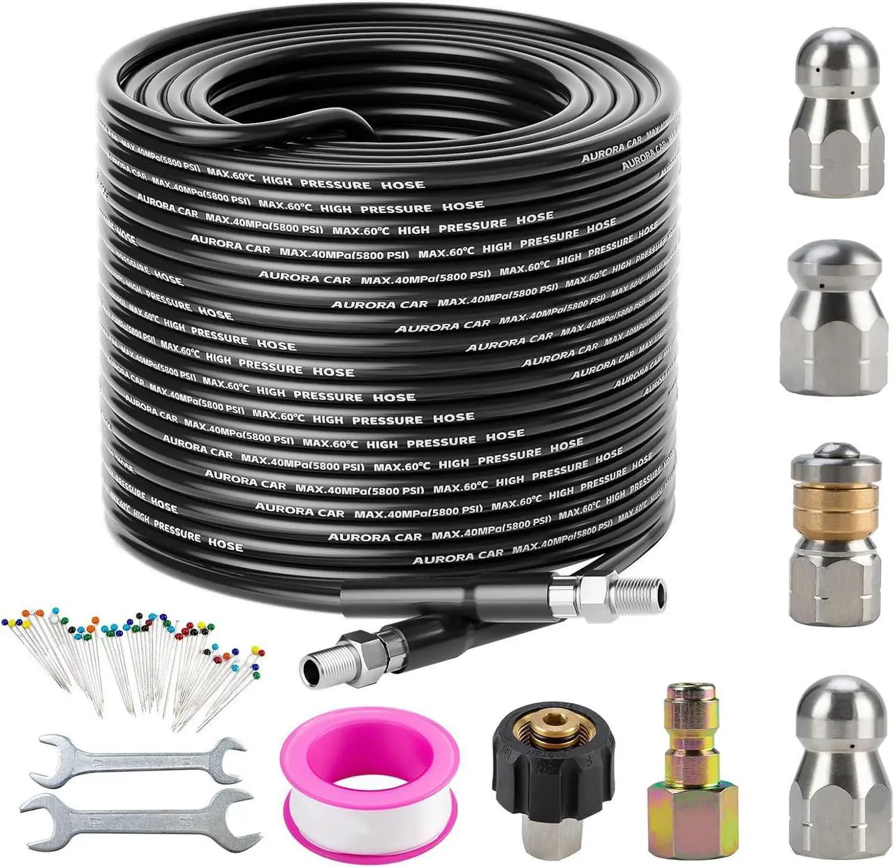 Main image of Sewer Jetter Kit for Pressure Washer 100FT,Drain Cleaner Hose 1/4 Inch NPT Corner, Rotating and Button Nose Sewer Jetting Nozzle Kit Waterproof Tape Pearl Corsage Pin and Spanners,5800PSI
