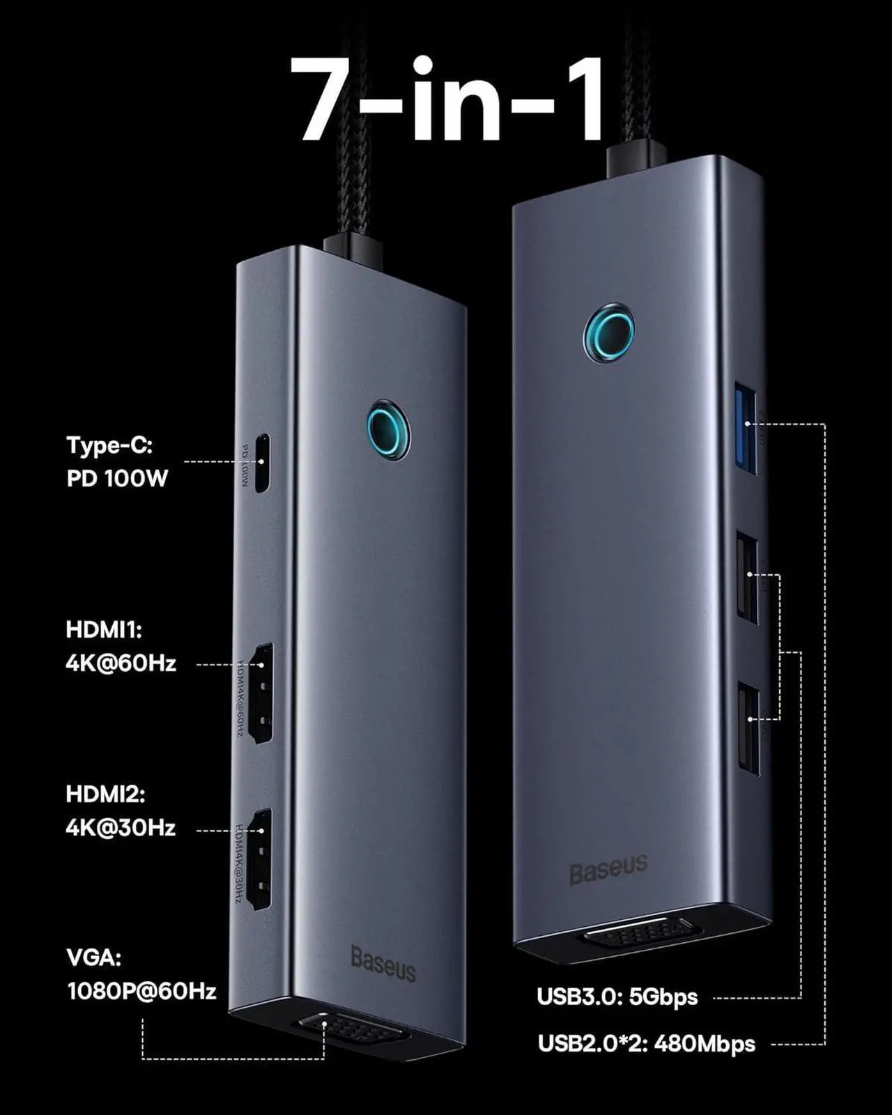 Alt view image 2 of 7 - Docking Station Dual Monitor, 7 in 1 Laptop Docking Station 3 Monitors, USB C HUB with 4K HDMI, VGA, 100W PD, 3 USB for iPhone 15/MacBook Laptop