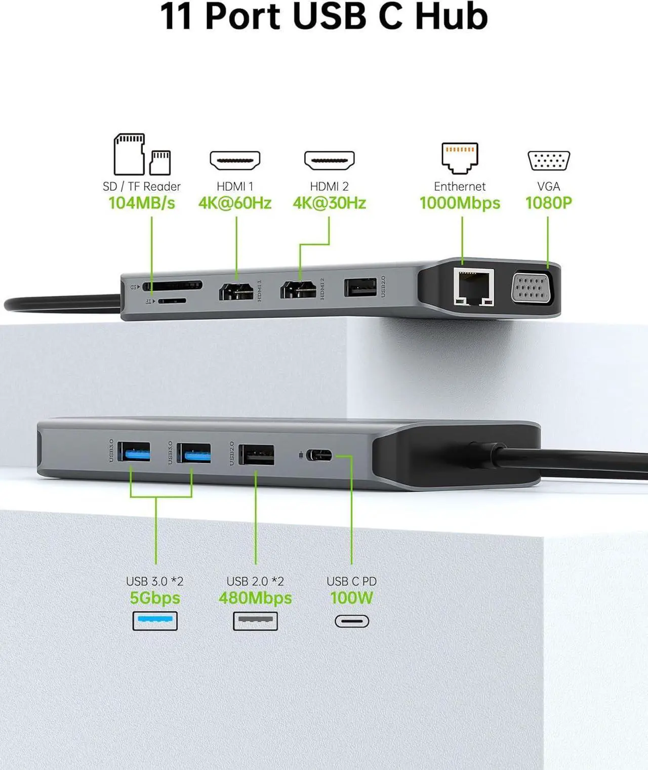 Alt view image 2 of 7 - USB C Docking Station Dual Monitor, 11 in 1 USB C Hub Triple Display, USB C to Dual HDMI Adapter with Dual 4K, VGA, Ethernet, 100W PD, 4USB for M1/M2 MacBook Pro/Air Most brands of laptops