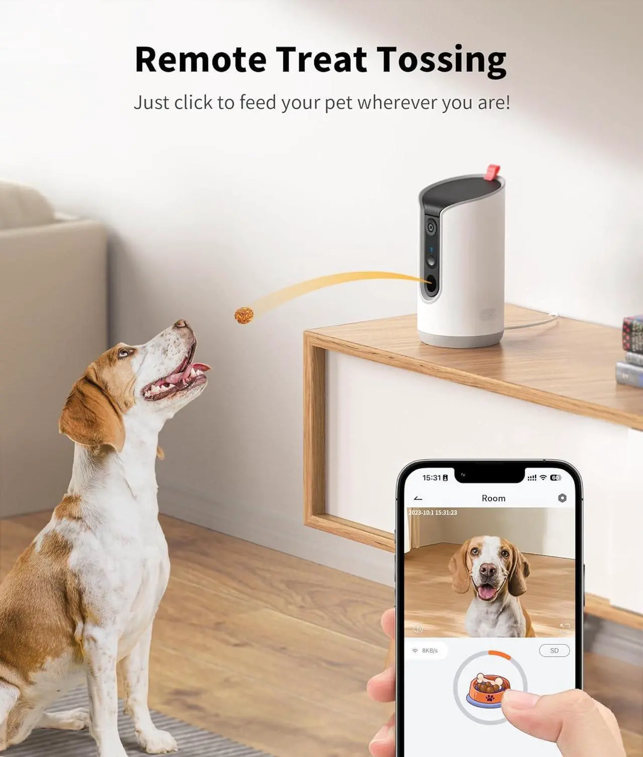 Alt view image 2 of 7 - 2K Pet Camera Treat Dispenser, 360°View Dog Camera with Phone App, 5G&2.4G WiFi 2-Way Talk Pet Camera Indoor for Cats Remote Treat Tossing, Motion Alerts, Auto Tracking