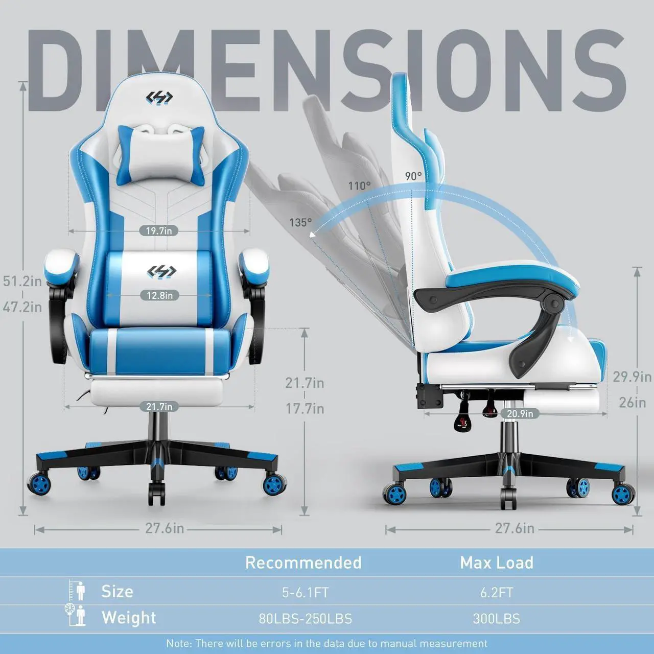 Alt view image 3 of 7 - Gaming Chair with Pocket Spring Cushion, Video Game Chair, Gaming Computer Chair, Ergonomic Chairs for Adults with Headrest and Lumbar Support, Swivel PU Leather Office Chair, White & Blue