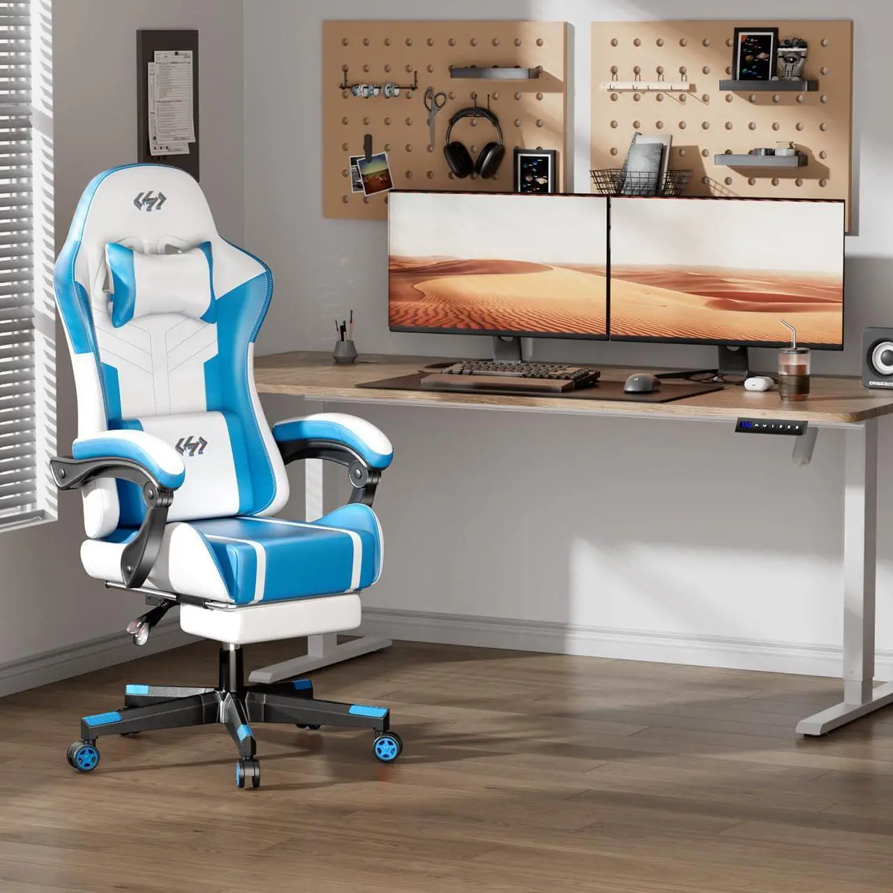Alt view image 2 of 7 - Gaming Chair with Pocket Spring Cushion, Video Game Chair, Gaming Computer Chair, Ergonomic Chairs for Adults with Headrest and Lumbar Support, Swivel PU Leather Office Chair, White & Blue