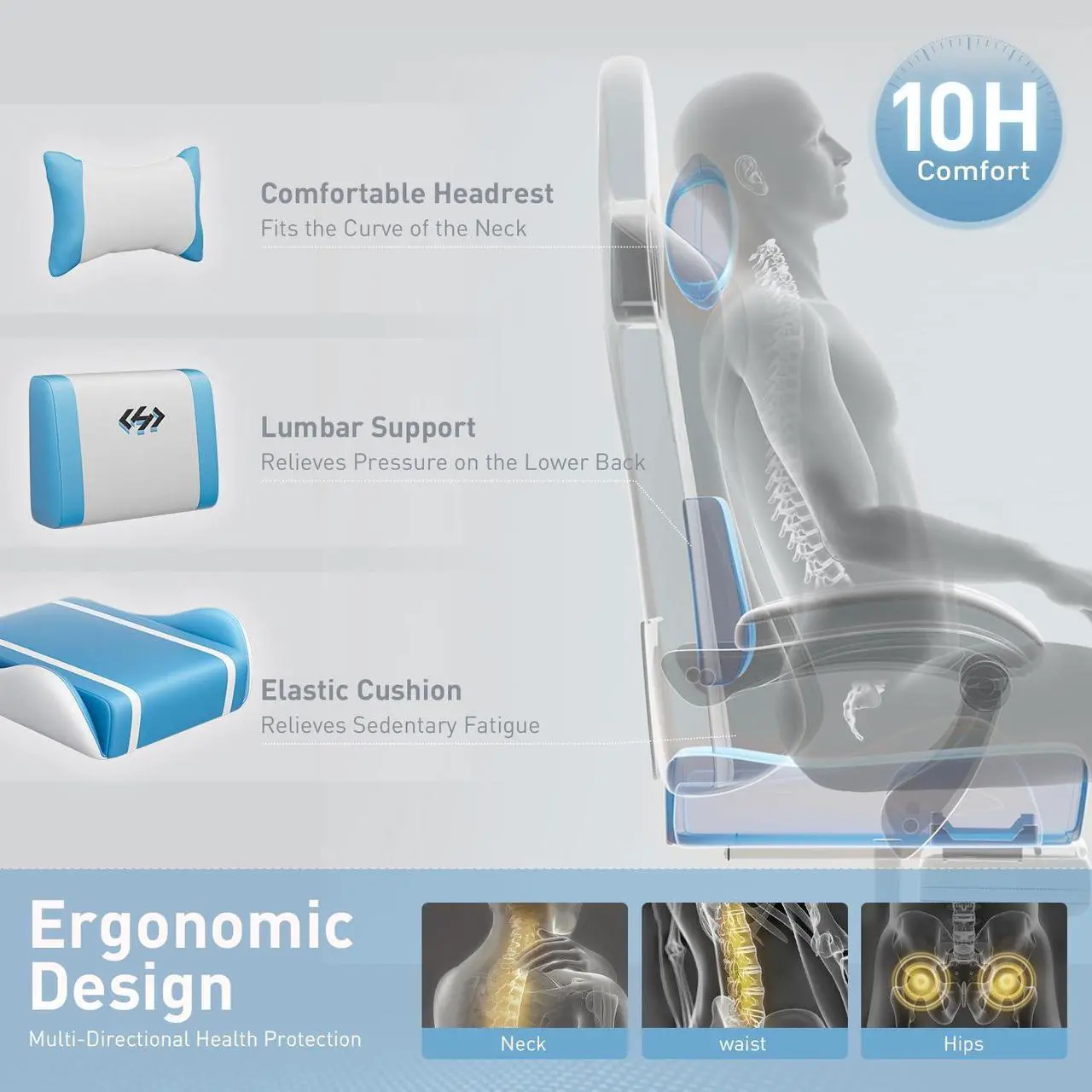 Alt view image 4 of 7 - Gaming Chair with Pocket Spring Cushion, Video Game Chair, Gaming Computer Chair, Ergonomic Chairs for Adults with Headrest and Lumbar Support, Swivel PU Leather Office Chair, White & Blue