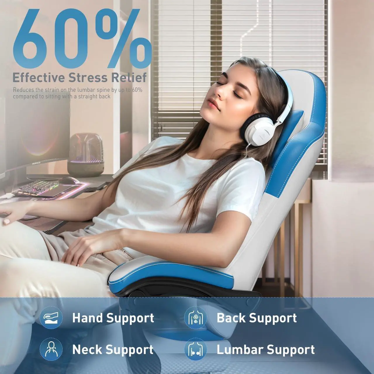 Alt view image 7 of 7 - Gaming Chair with Pocket Spring Cushion, Video Game Chair, Gaming Computer Chair, Ergonomic Chairs for Adults with Headrest and Lumbar Support, Swivel PU Leather Office Chair, White & Blue