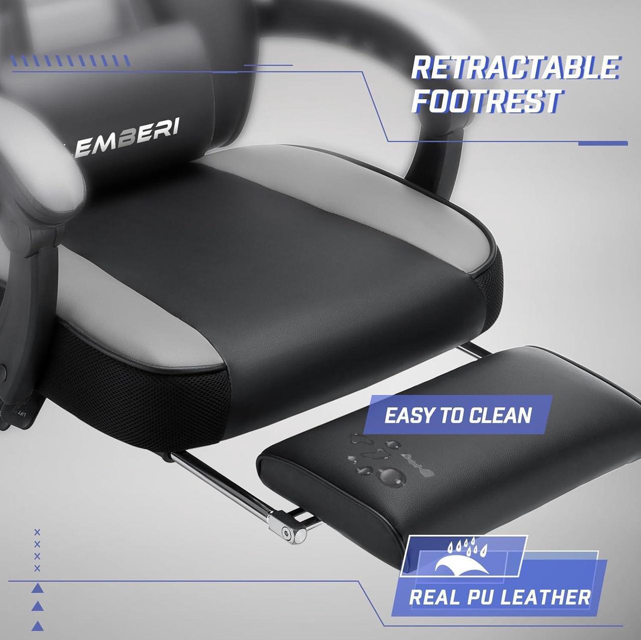 Alt view image 6 of 7 - Gaming Chairs with Footrest,Ergonomic Video Game Chairs for Adults,Big and Tall Chair 400lb Weight Capacity, Racing Style Computer Gamer Chair with Headrest and Lumbar Support,Grey