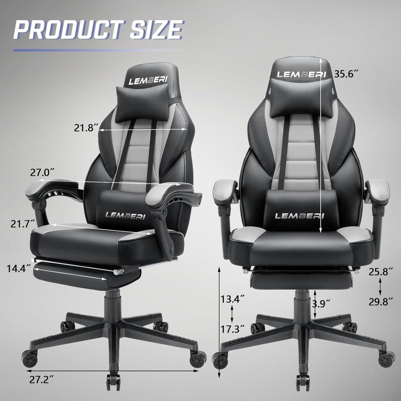 Alt view image 2 of 7 - Gaming Chairs with Footrest,Ergonomic Video Game Chairs for Adults,Big and Tall Chair 400lb Weight Capacity, Racing Style Computer Gamer Chair with Headrest and Lumbar Support,Grey