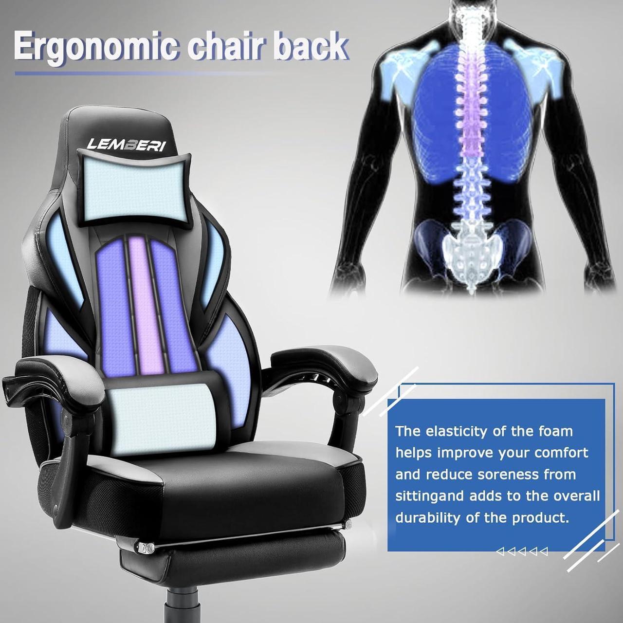 Alt view image 4 of 7 - Gaming Chairs with Footrest,Ergonomic Video Game Chairs for Adults,Big and Tall Chair 400lb Weight Capacity, Racing Style Computer Gamer Chair with Headrest and Lumbar Support,Grey