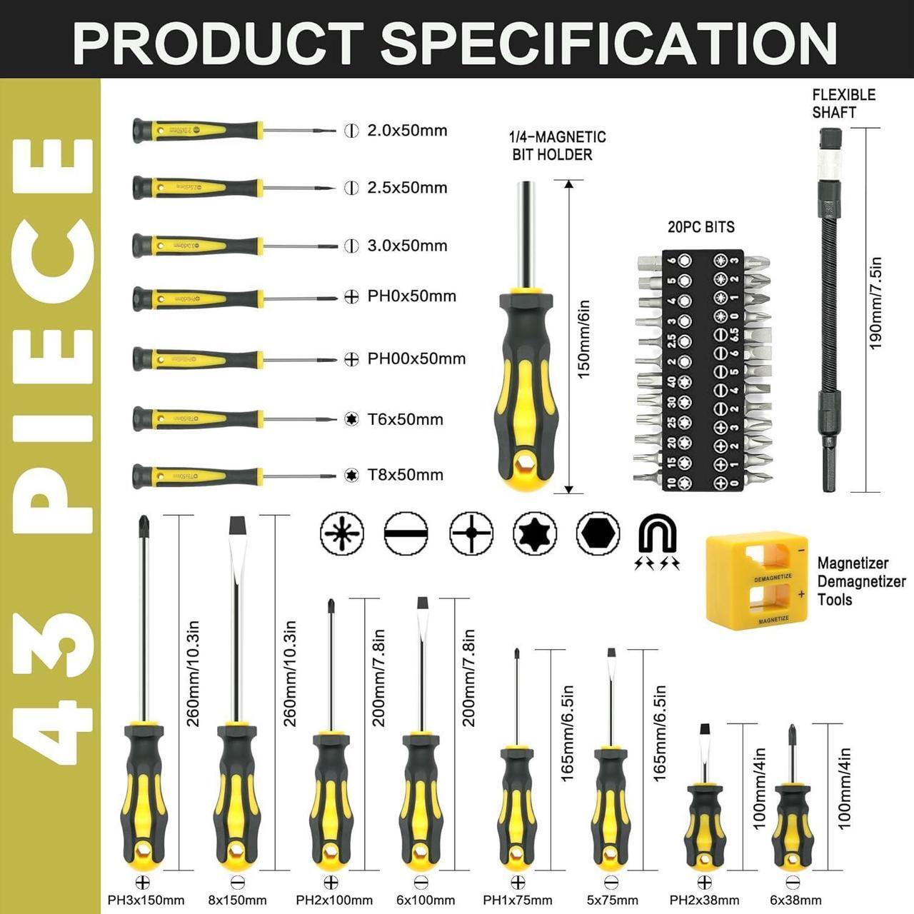 Alt view image 2 of 7 - 43pcs Magnetic Screwdriver Set, Including Slotted, Phillips, Hexagonal, Pozidriv, Magnetizer, Demagnetizer, Replaceable Screwdriver Bits and Sturdy Tool Case for DIY and Repair Work