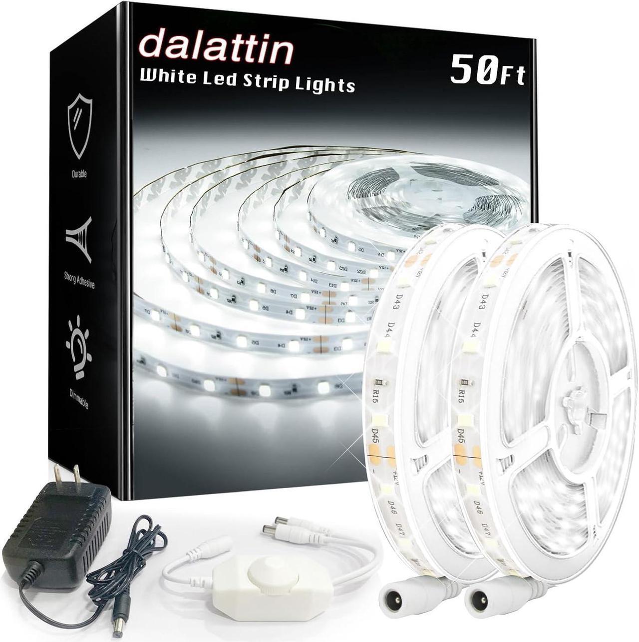 Main image of White LED Strip Lights 50ft Dimmable Bright 24V Led Light Strip 6500K Daylight White 900 LEDs Lights for Bedroom, Mirror, Kitchen, Strong Adhesive(2 Rolls of 25ft)