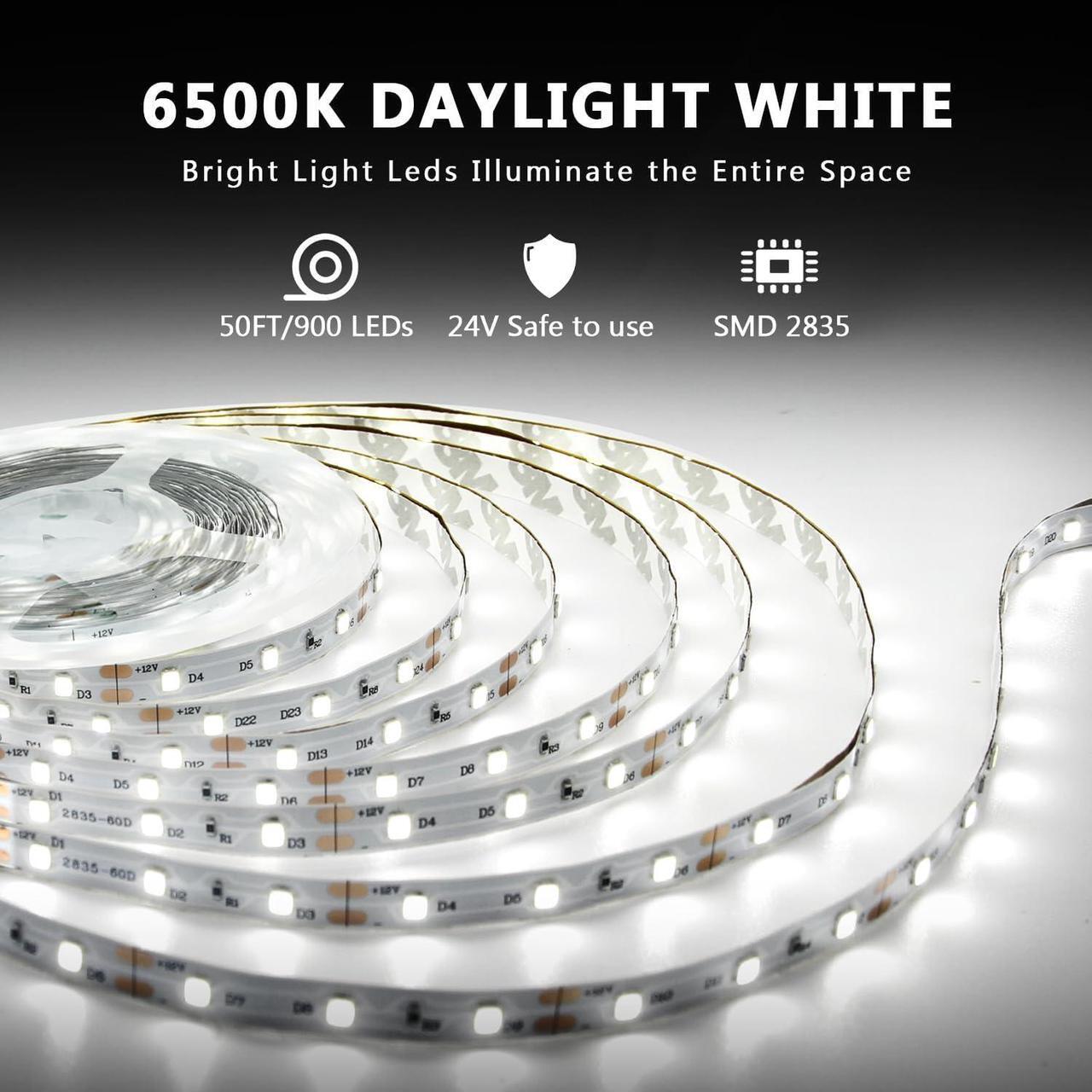 Alt view image 2 of 7 - White LED Strip Lights 50ft Dimmable Bright 24V Led Light Strip 6500K Daylight White 900 LEDs Lights for Bedroom, Mirror, Kitchen, Strong Adhesive(2 Rolls of 25ft)