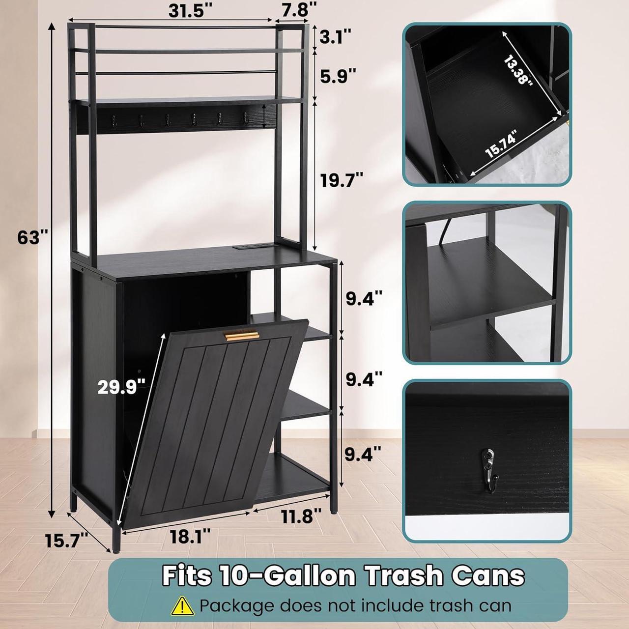 Alt view image 2 of 7 - Kitchen Bakers Rack with Power Outlets, Microwave Oven Organizer with Tilt Out Trash Can Cabinet Storage Shelf 6 Tiers Coffee Bar Station Stand, Freestanding Rack with 6 Hooks for Sink Bathroom