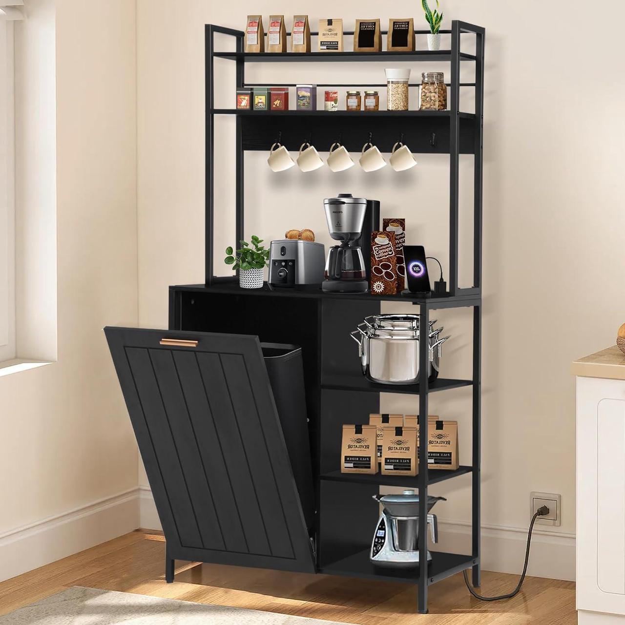 Main image of Kitchen Bakers Rack with Power Outlets, Microwave Oven Organizer with Tilt Out Trash Can Cabinet Storage Shelf 6 Tiers Coffee Bar Station Stand, Freestanding Rack with 6 Hooks for Sink Bathroom