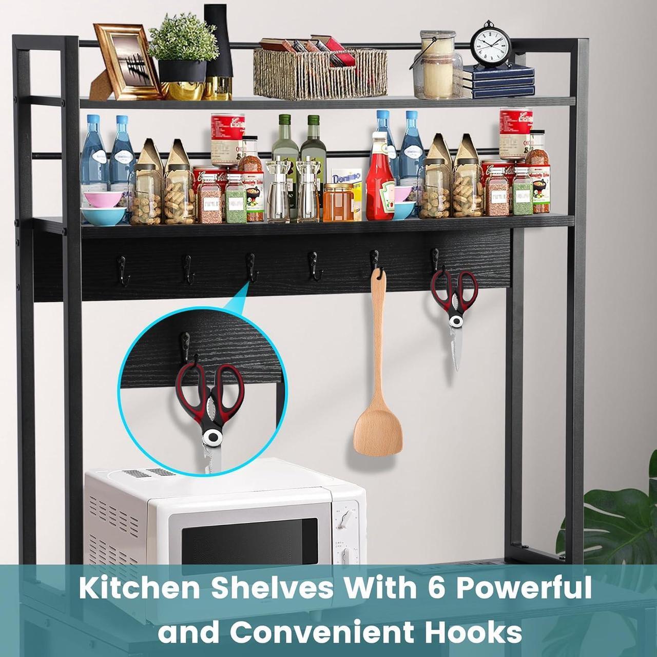 Alt view image 5 of 7 - Kitchen Bakers Rack with Power Outlets, Microwave Oven Organizer with Tilt Out Trash Can Cabinet Storage Shelf 6 Tiers Coffee Bar Station Stand, Freestanding Rack with 6 Hooks for Sink Bathroom