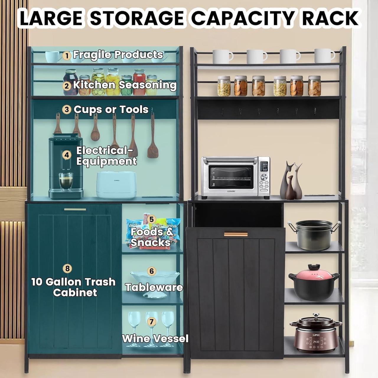 Alt view image 7 of 7 - Kitchen Bakers Rack with Power Outlets, Microwave Oven Organizer with Tilt Out Trash Can Cabinet Storage Shelf 6 Tiers Coffee Bar Station Stand, Freestanding Rack with 6 Hooks for Sink Bathroom