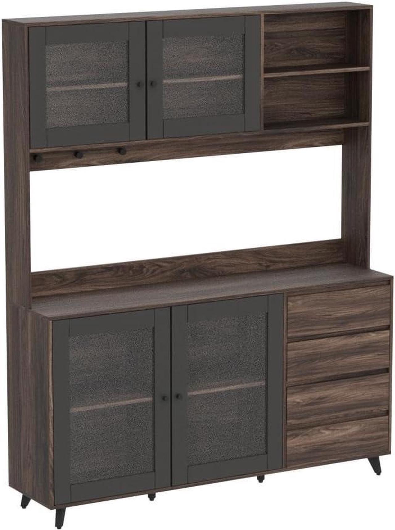 Alt view image 4 of 7 - Large Kitchen Hutch Cabinet, Storage Cupboard Pantry with 4 Glass Doors, 4 Drawers & Microwave Shelf, for Kitchen Open Storage, Brown (63" W x 15.7" D x 74.8" H)