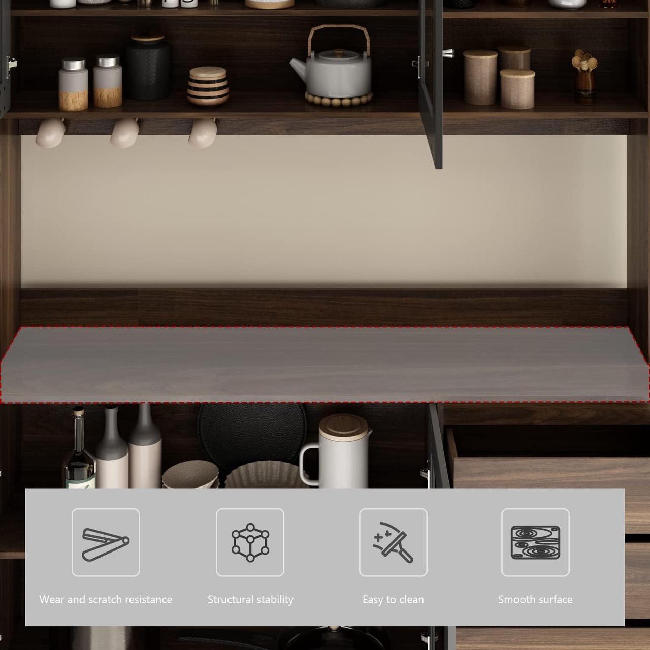 Alt view image 6 of 7 - Large Kitchen Hutch Cabinet, Storage Cupboard Pantry with 4 Glass Doors, 4 Drawers & Microwave Shelf, for Kitchen Open Storage, Brown (63" W x 15.7" D x 74.8" H)