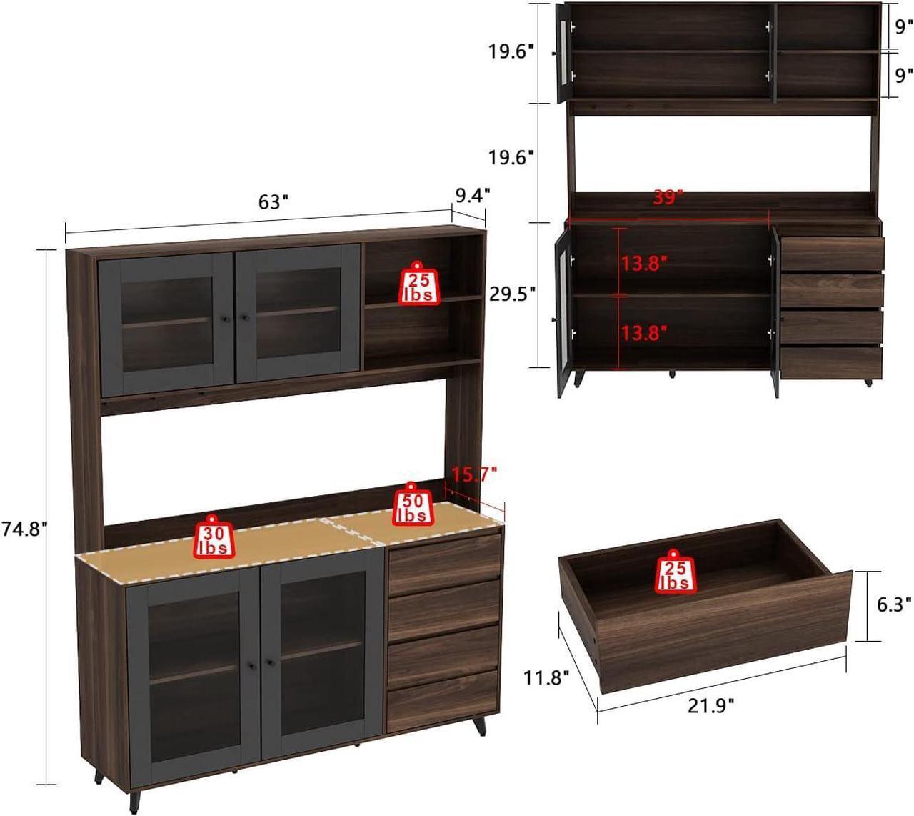 Alt view image 2 of 7 - Large Kitchen Hutch Cabinet, Storage Cupboard Pantry with 4 Glass Doors, 4 Drawers & Microwave Shelf, for Kitchen Open Storage, Brown (63" W x 15.7" D x 74.8" H)