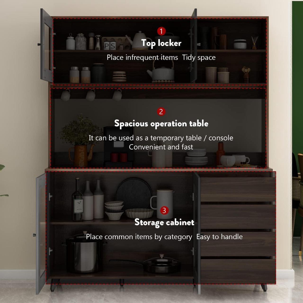 Alt view image 5 of 7 - Large Kitchen Hutch Cabinet, Storage Cupboard Pantry with 4 Glass Doors, 4 Drawers & Microwave Shelf, for Kitchen Open Storage, Brown (63" W x 15.7" D x 74.8" H)