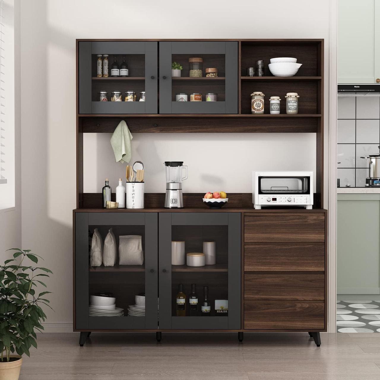 Alt view image 3 of 7 - Large Kitchen Hutch Cabinet, Storage Cupboard Pantry with 4 Glass Doors, 4 Drawers & Microwave Shelf, for Kitchen Open Storage, Brown (63" W x 15.7" D x 74.8" H)