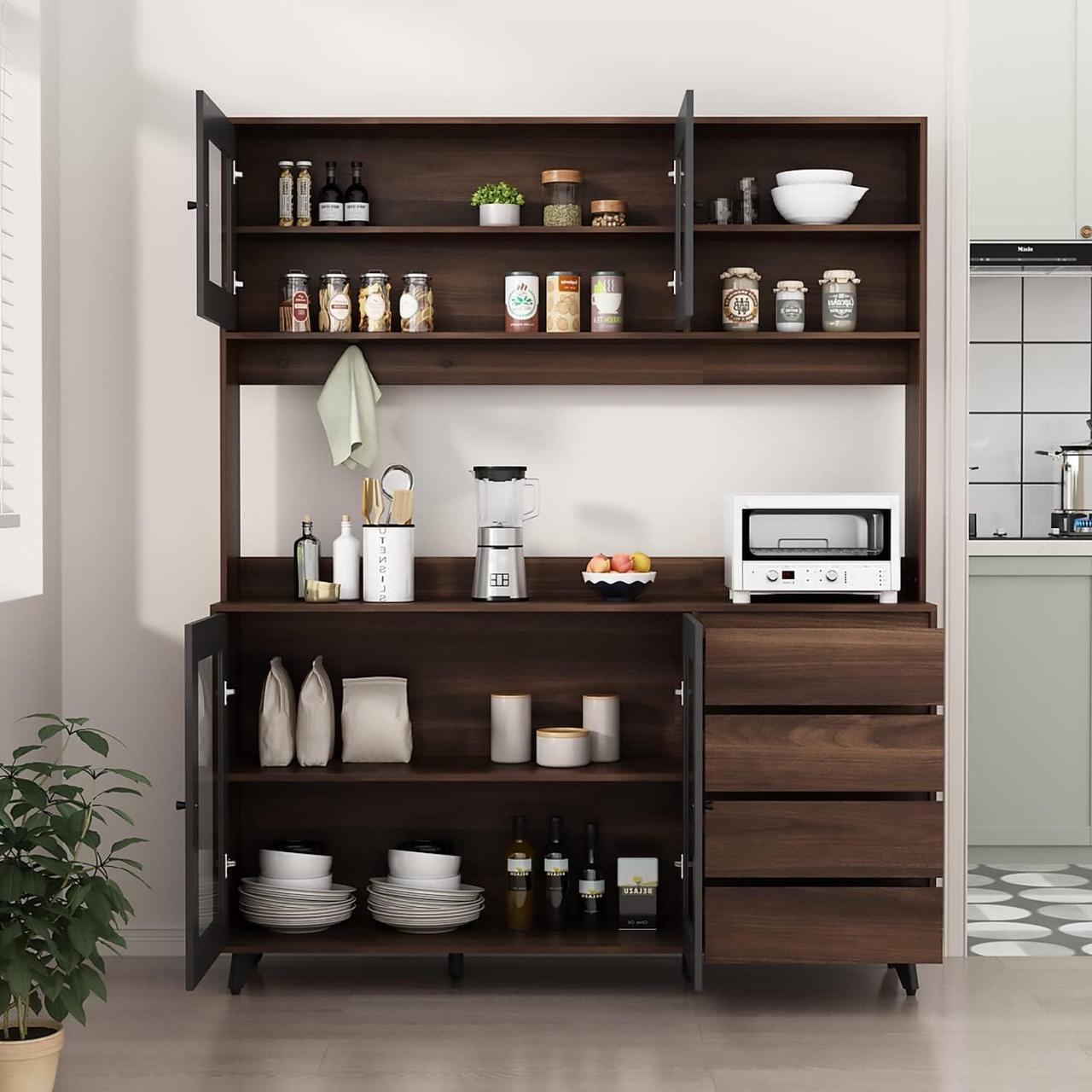 Main image of Large Kitchen Hutch Cabinet, Storage Cupboard Pantry with 4 Glass Doors, 4 Drawers & Microwave Shelf, for Kitchen Open Storage, Brown (63" W x 15.7" D x 74.8" H)