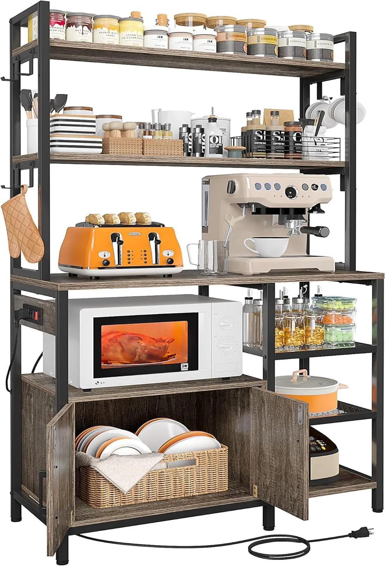 Main image of Bakers Rack with Storage Cabinet Coffee Bar Cabinet Bakers Rack with Power Outlet Microwave Stand with Storage for Kitchen, Space Saving, Easy Assembly,OAK