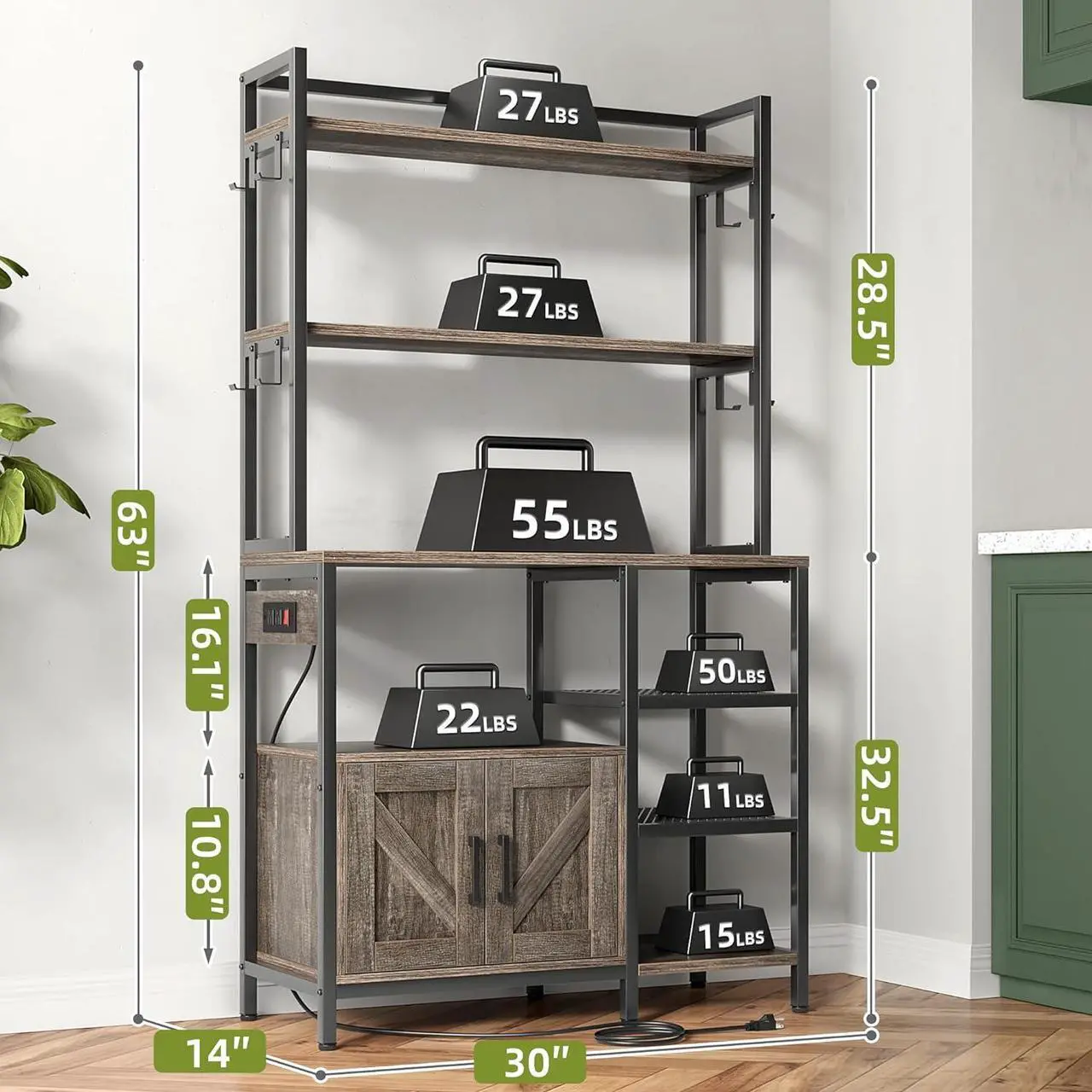 Alt view image 7 of 7 - Bakers Rack with Storage Cabinet Coffee Bar Cabinet Bakers Rack with Power Outlet Microwave Stand with Storage for Kitchen, Space Saving, Easy Assembly,OAK